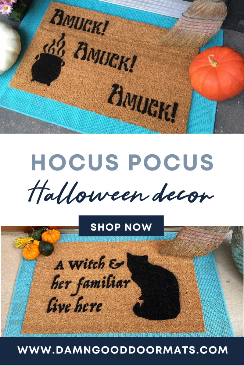halloween hocus pocus themed doormats with witches black cats and cauldron on them shown with pumpkins